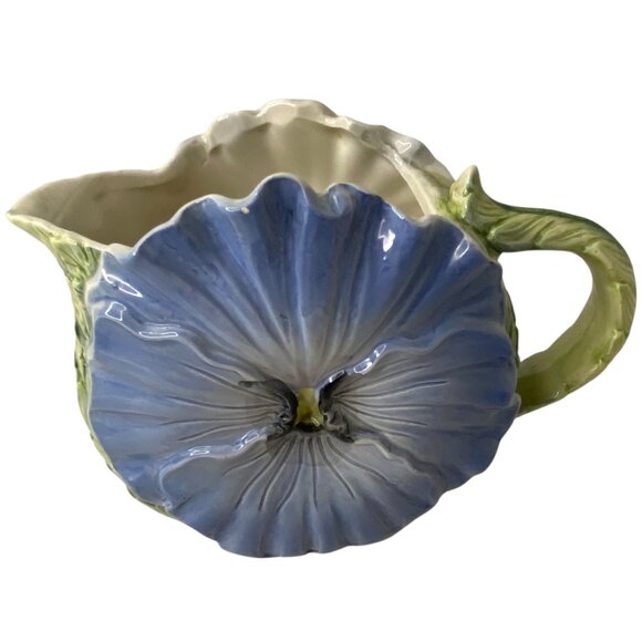 Fitz n Floyd Blue Pansy OCI Floral Ceramic Pitcher Jug 1/4 QT Green Leaf Handle - Picture 1 of 8